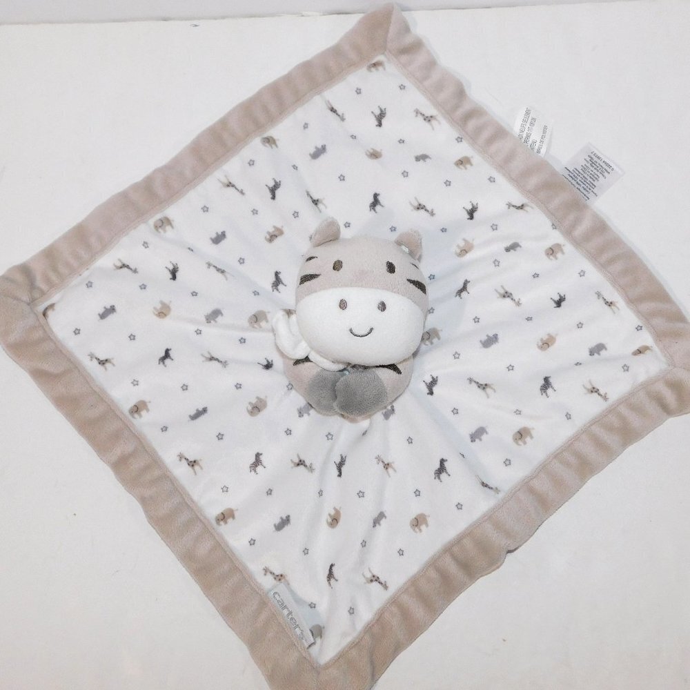 Carter's Gray White Zebra Safari Animal Print Security Blanket Baby nunu lovey